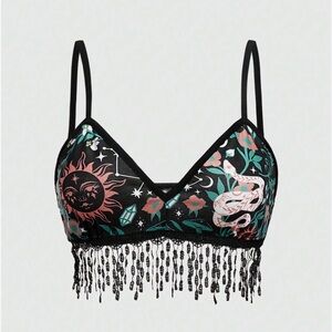 ROMWE Black Celestial Snake Print Beaded Fringe Bralette